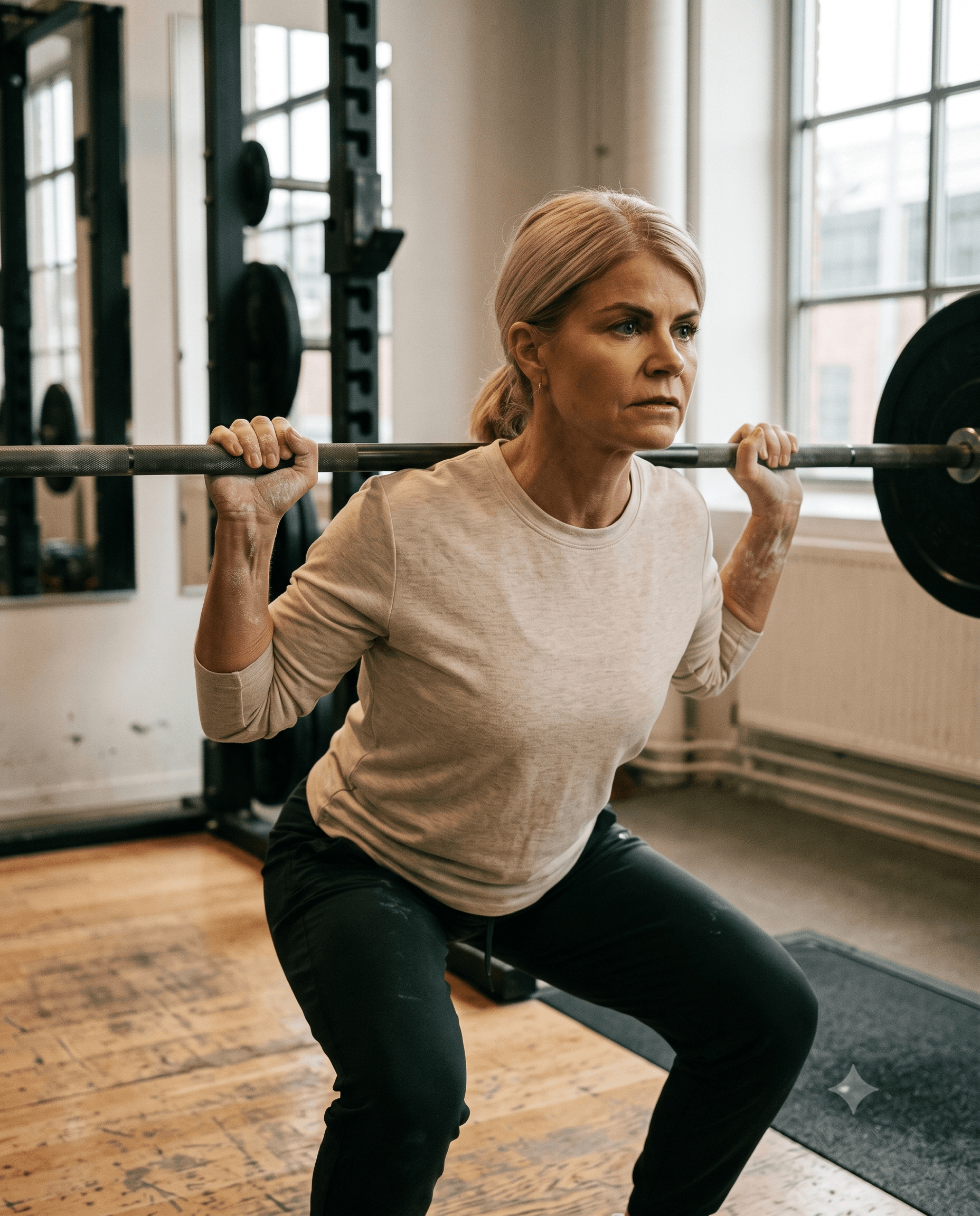 Therese i trening, halvfigur i naturlig sidelys.